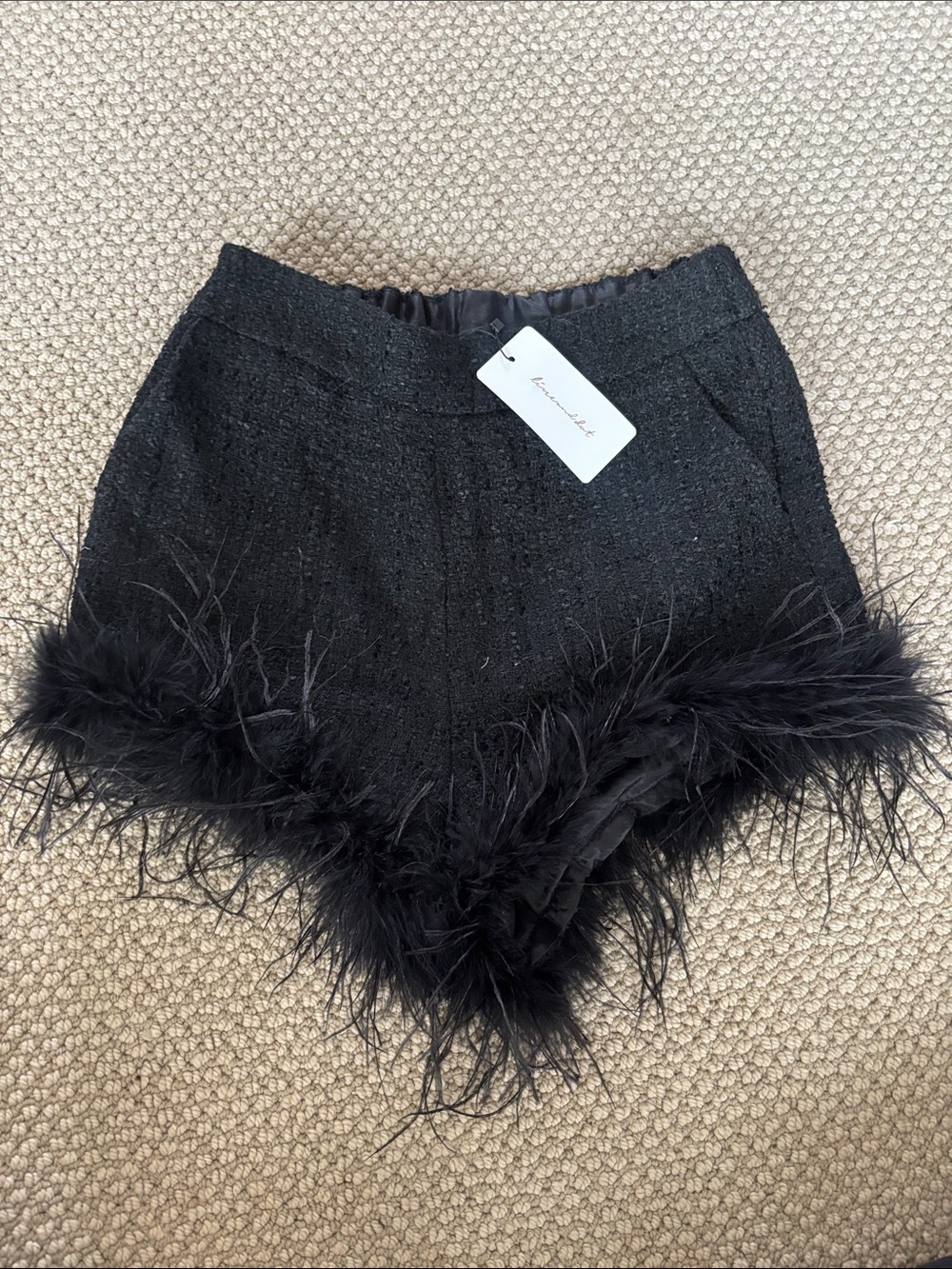Line & Dot Black Feather-Trim High-Waist Shorts